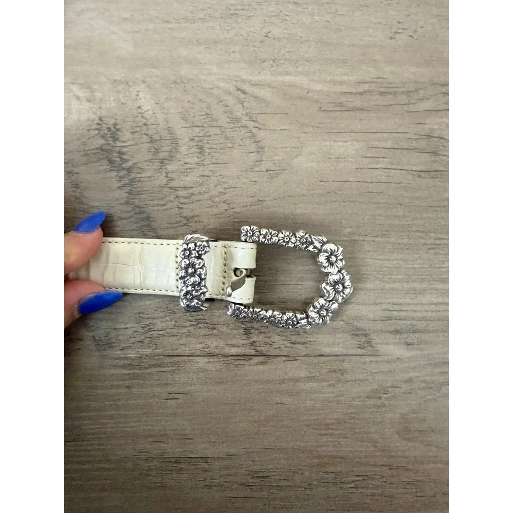 Brighton Cream Croc Embossed Leather Belt Silver Floral Buckle Tip Size 34